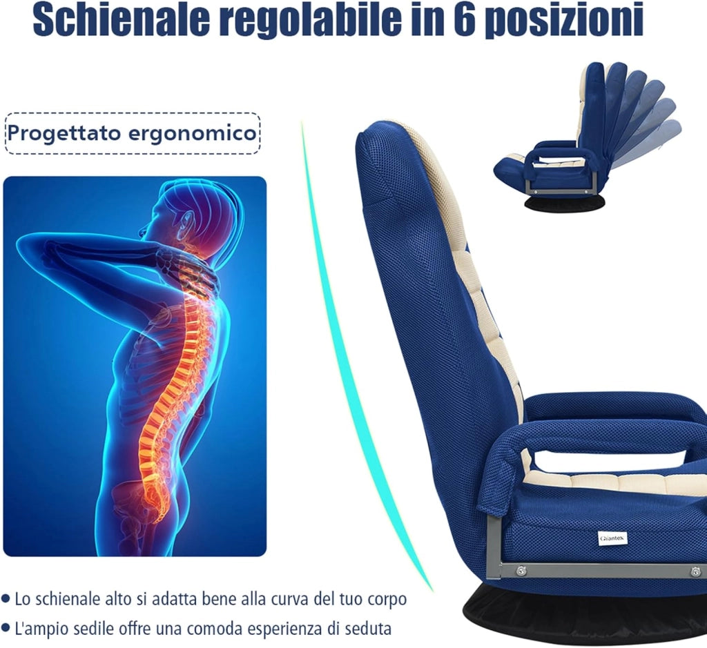 Sedia da Pavimento Pieghevole, Poltrona Sedia da Yoga per Meditazione, Portatile Inclinabile Girevole, da Salotto Camera da Letto (Blu)