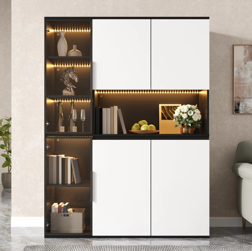Armadio alto in MDF con LED; vetro e vani aperti 120x40x160 cm Bianco/Nero