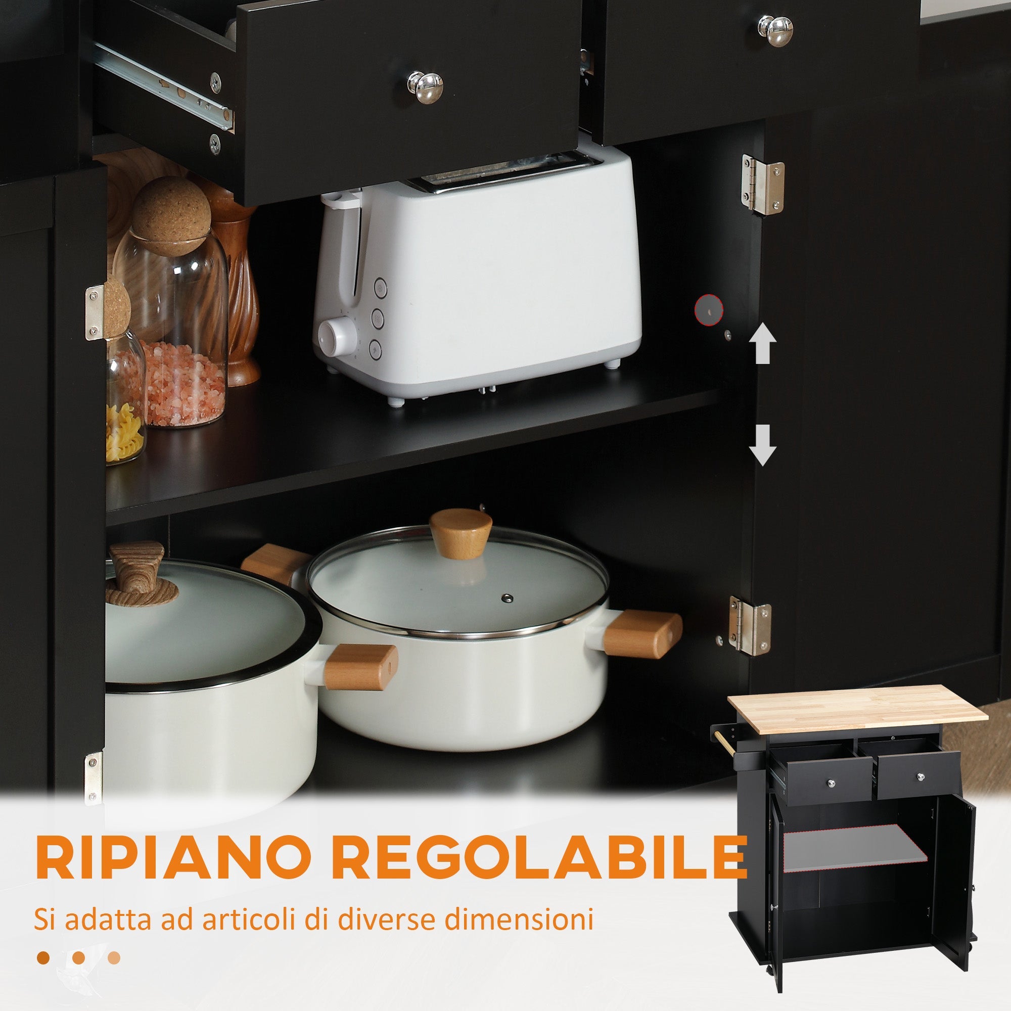 Carrello da Cucina con Armadietto 2 Cassetti e Portaspezie 89x45x89,5 cm in Legno Nero