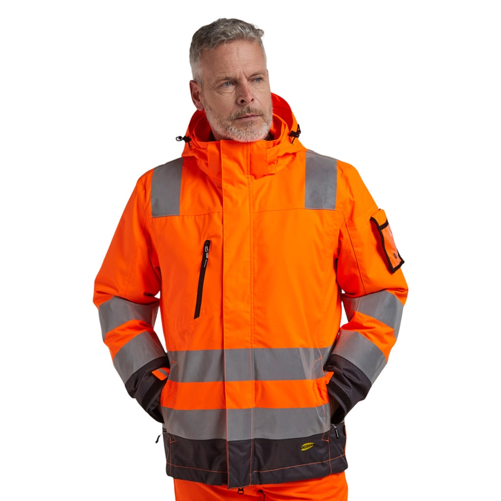 Giacca Alta Visibilità Impermeabile 2 In 1 - Giubbetto Interno Staccabile In Oxford 140 g, Cappuccio Removibile Giacca Da Lavoro HV - ORANGE TG. L