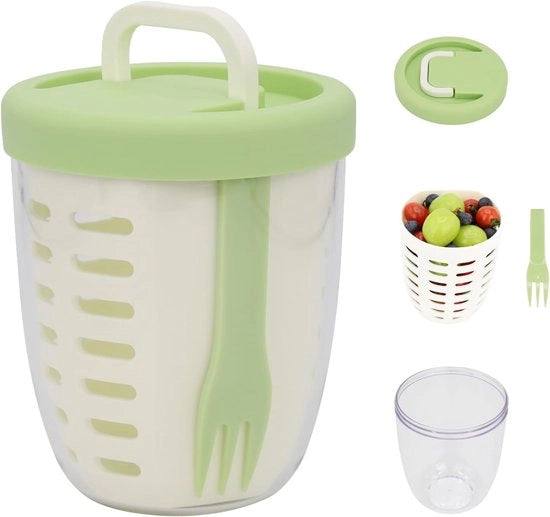 Portafrutta da 650 ml con Filtro - Contenitore di Insalata Idrorepellente - Incluso Cucchiaio - Resistente all'Acqua e all'Aria - Ideale per la Strada e l'Ufficio