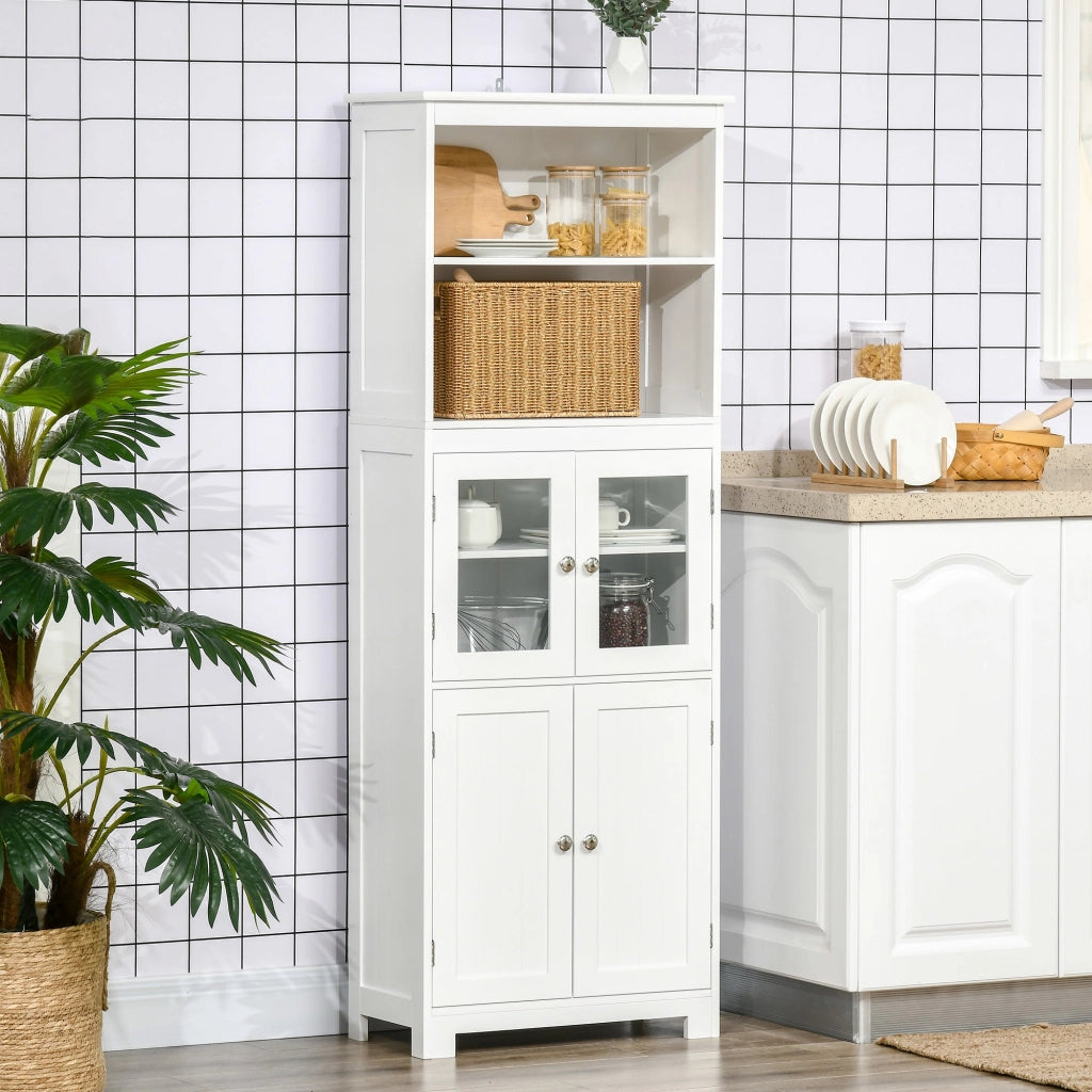 Mobile Dispensa con 2 Ripiani Aperti e 2 Armadietti con Ante 60x30x162 cm in MDF e Vetro Bianco