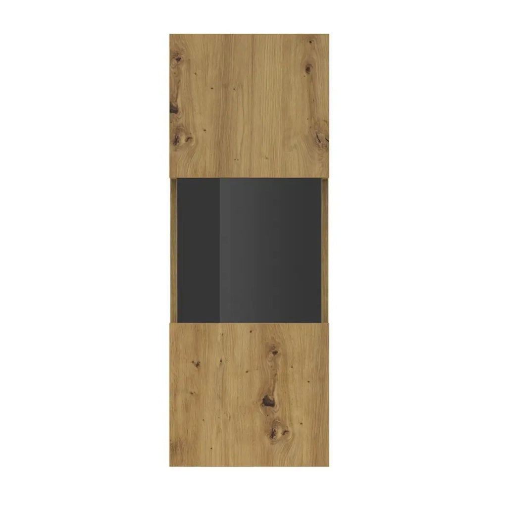 Piccola vetrina sospesa con 1 porta parzialmente vetrata, collezione EVA. Colore rovere e nero.