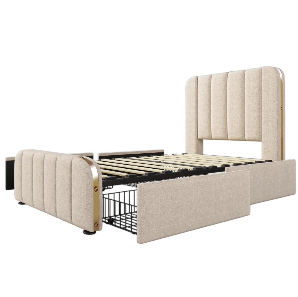 Letto singolo imbottito ULEVR 90x200 cm con 4 cassetti, USB e Type-C, rivestimento in lino beige