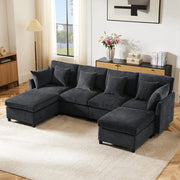 Divano Modulare Angolare con Poggiapiedi e Cuscini in Tessuto Chenille ¨C MINIMAL ¨C Grigio/Beige