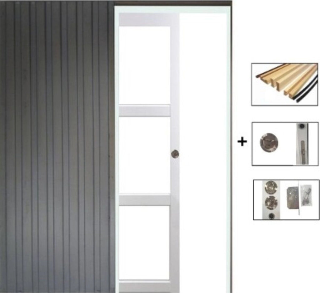 Porta Scorrevole Kenya Vetro Trasparente Bianco H204 x L73 + SYSTEM Divisorio a tasca e kit di finitura inclusi senza maniglia