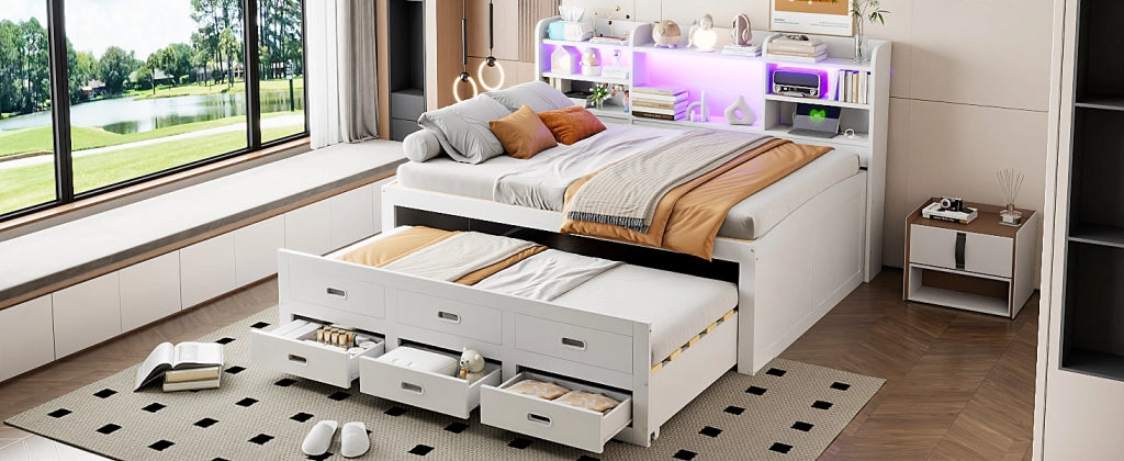 DESMIU Letto divano 140 × 200 cm 2 posti con 3 cassetti, LED, USB, Type-C e contenitore, senza materasso, bianco