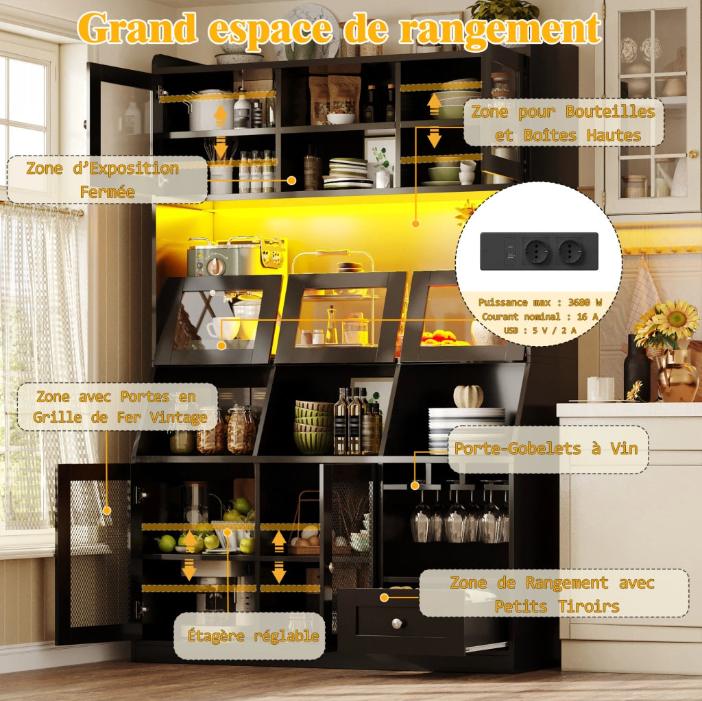 Mobile da cucina multifunzionale 120x40x181,7 cm con LED, USB e ripiani regolabili, nero