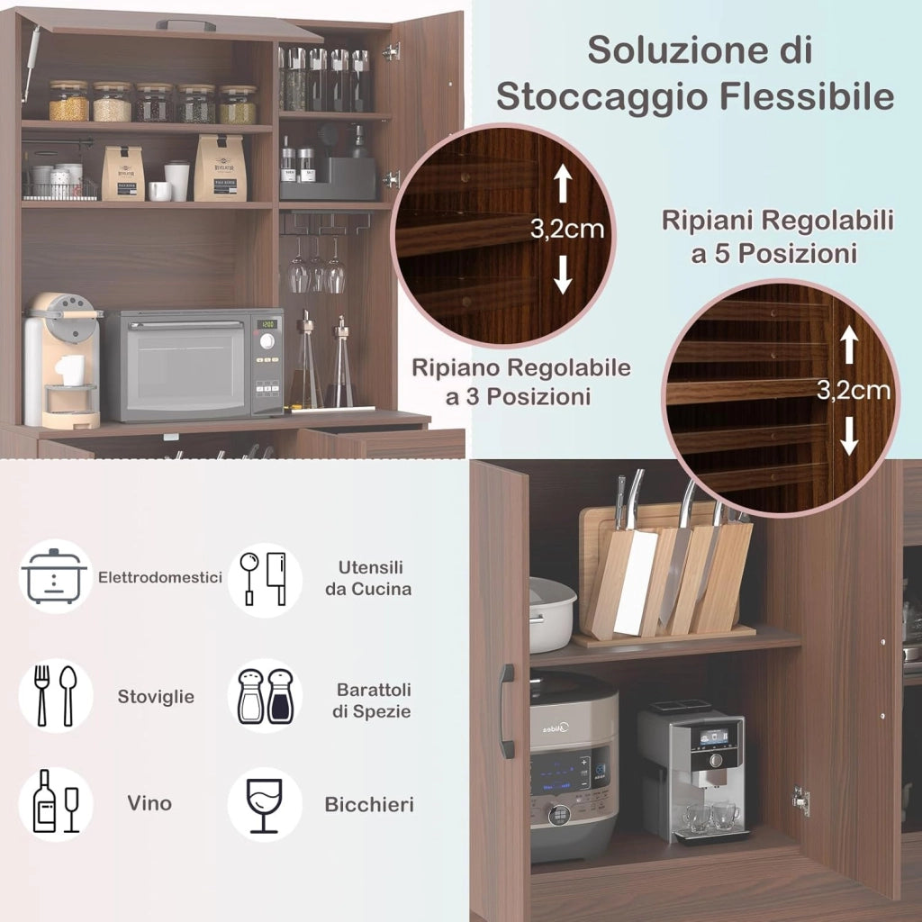 Credenza Alta da Cucina con 5 Ante e Cassetto, Armadio Dispensa da Cucina con Presa Elettrica, Mobile Cucina con Ripiani Regolabili per Sala da Pranzo e Soggiorno, 90 x 39 x 167 cm (Noce)