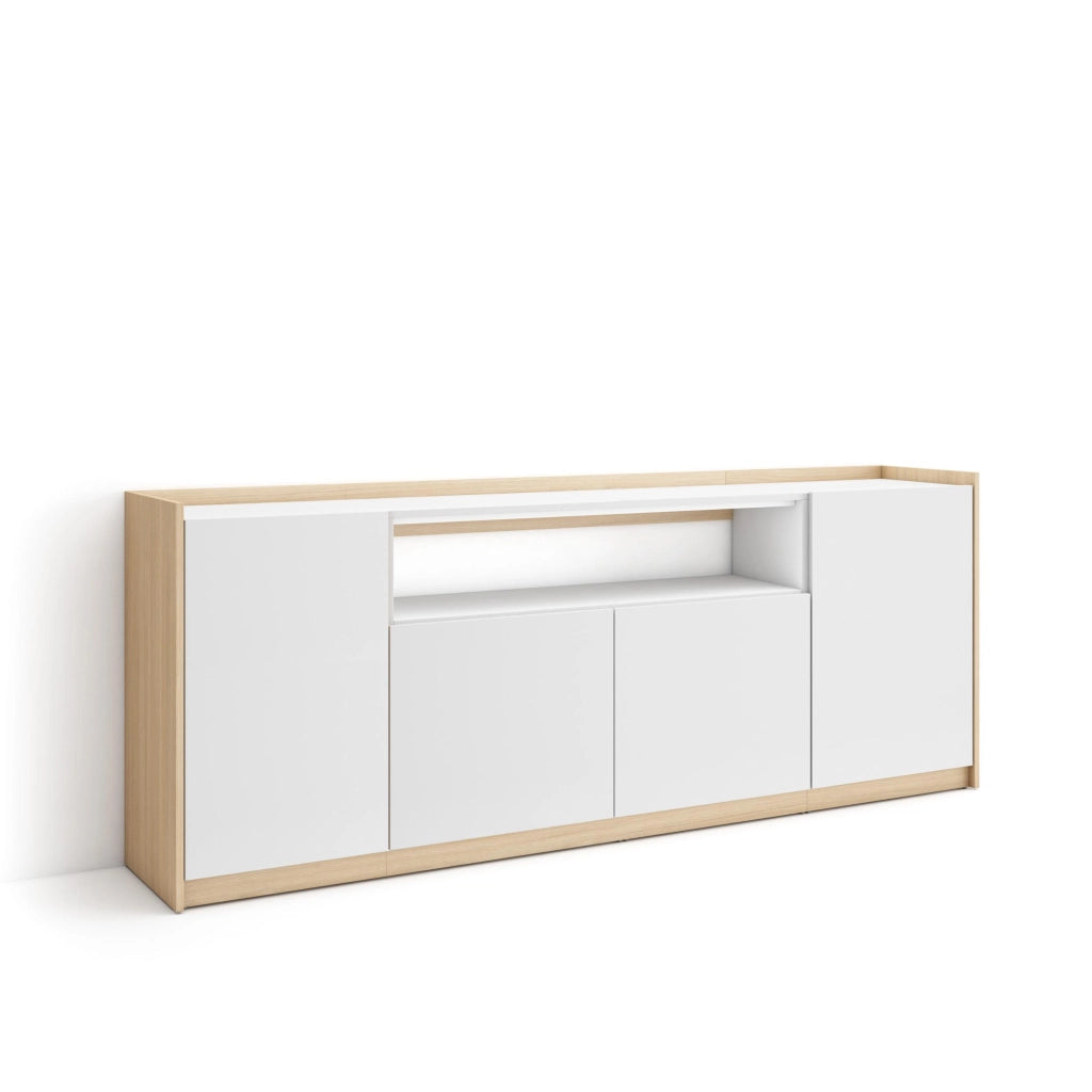 Credenza, Mobile, Cucina, 207x80x37 cm, 4 Porte, grande stoccaggio, Bianco e Rovere soft