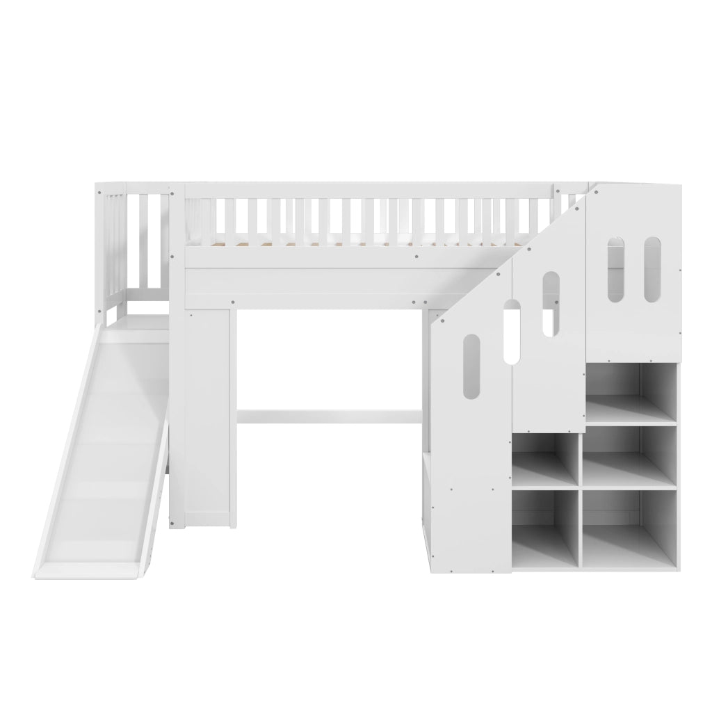 Letto a soppalco per bambini singolo 90 × 200 cm con scivolo, scala contenitore e luce led, senza materasso, bianco