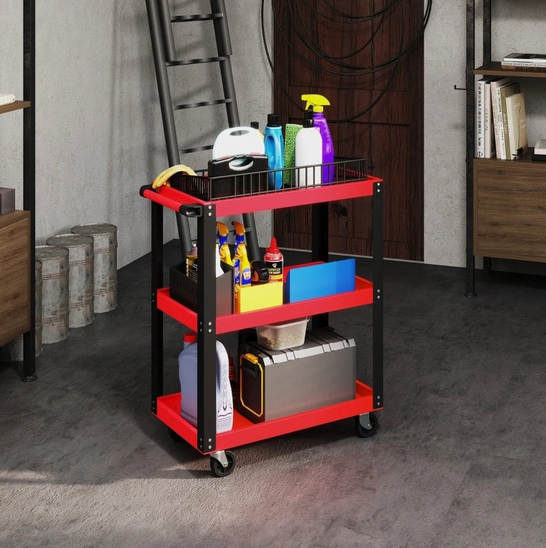 Carrello portautensili a 3 ripiani in metallo rosso