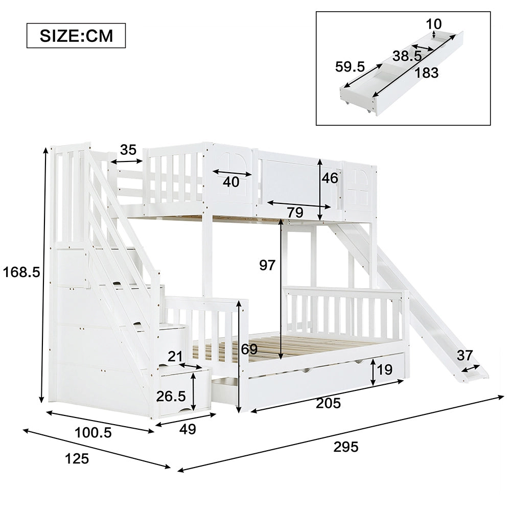Letto a castello con scivolo e cassetti - Xylo - 90x200cm bianco, 4 ripiani