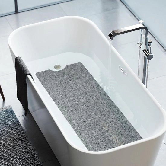 Matte antiscivolo per doccia 100 x 40 cm, lunghezza extra, con drenaggio, materasso per doccia in PVC morbido con loofah, matto per doccia rapido asciugamento per ambienti umidi senza presa di vuoto grigio