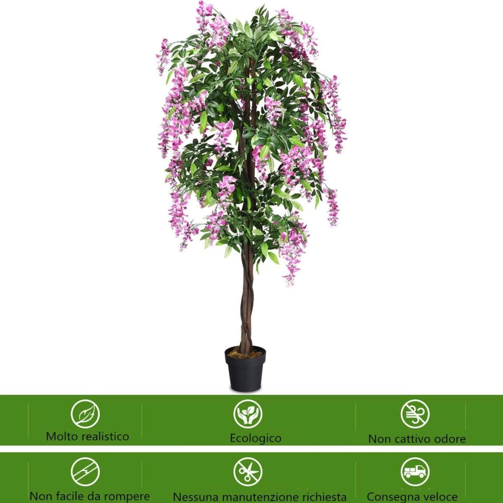 Pianta Finta da Interno da 180 cm, Albero Artificiale con Fiori Fiori Glicine Elegante in Vaso, Pianta Artificiale per Salotto, Camera da Letto e Balcone