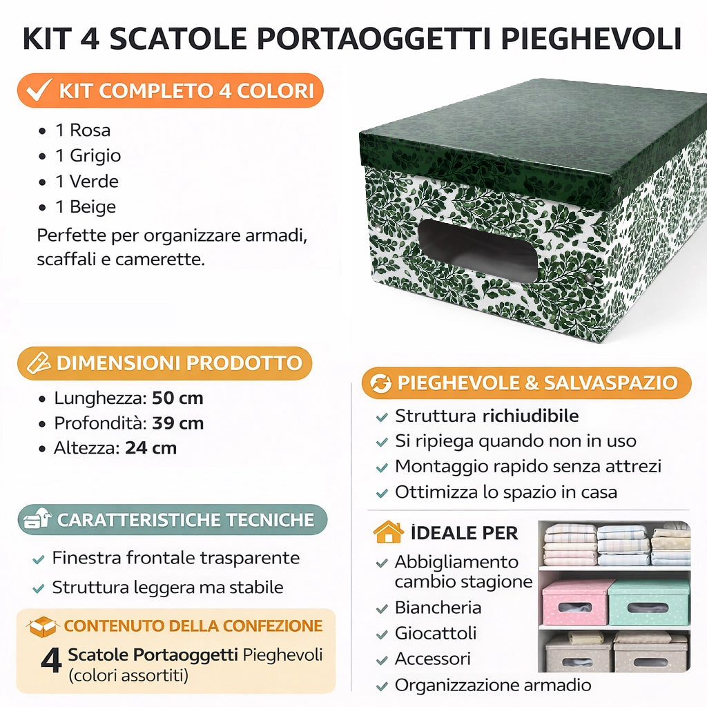 Kit 4pz Scatole Box Sistemazione Armadio in PVC Pieghevole 50x39 H24cm Col.Ass