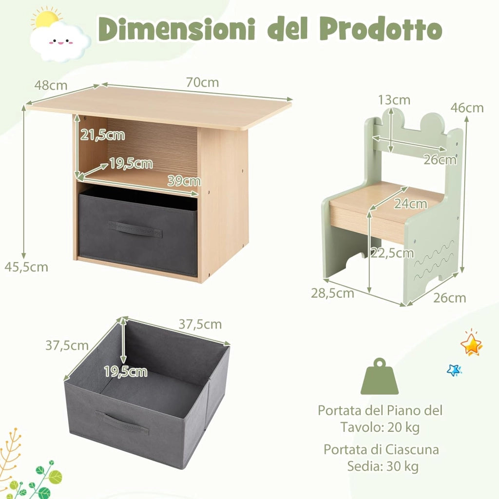 Set di Tavolo e 2 Sedie per Bambini 3+ Anni, Tavolo e 2 Sedie in Legno con Scomparti Doppio Lato e Cassetto Pieghevole in Tessuto, Ideale per Leggere, Giocare per Cameretta Bambini (Verde)