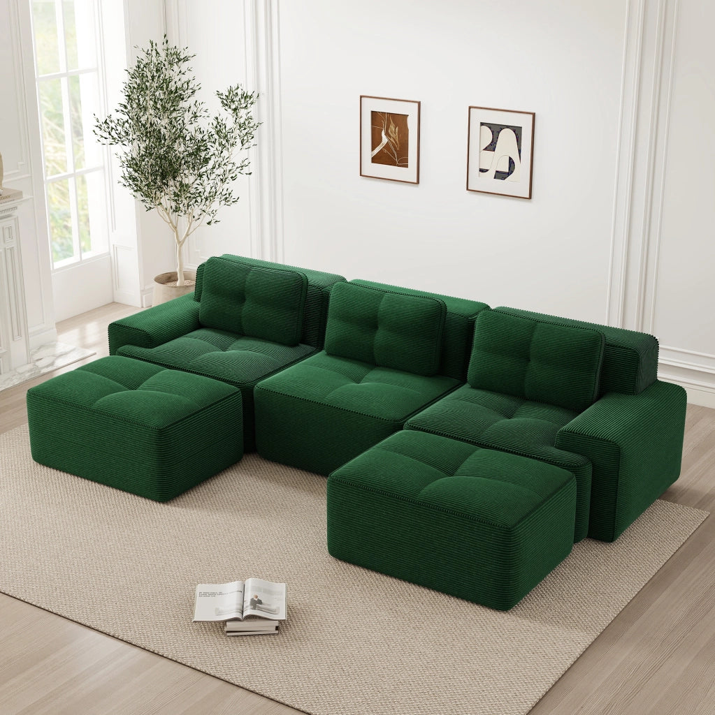 Divano modulare a U 293x177x69 cm in velluto a coste verde; senza montaggio