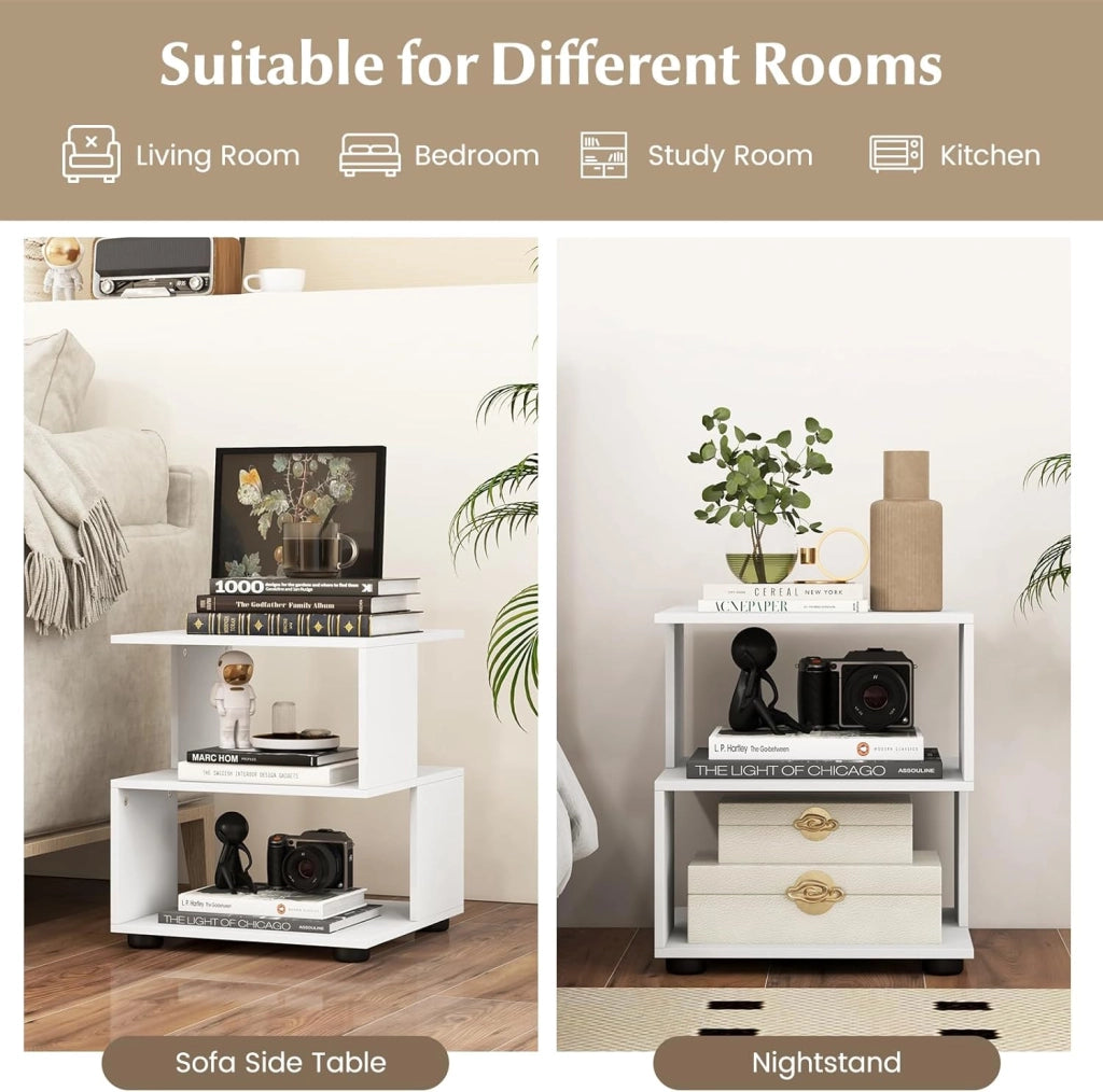 Set di 2 tavolini bianchi comodino comodino in legno, piccola libreria a 3 livelli, tavolino da caffè con piedini antiscivolo, tavolo d'accento moderno per camera da letto, 39,5 x 39,5 x 45 cm