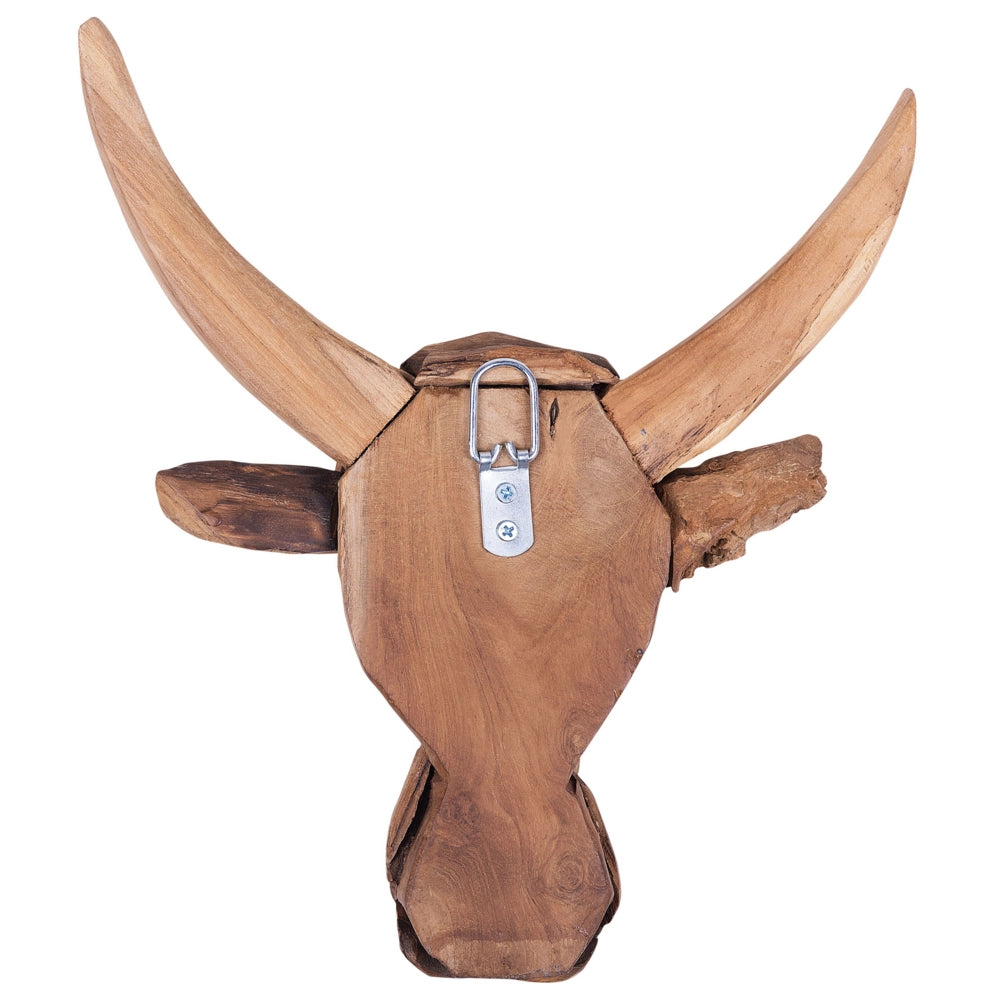 Decorativo da parete testa di toro con corna legno chiaro legno teak 34 x 28 cm rustico