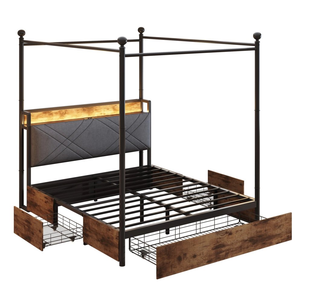 Letto a baldacchino 140x190 cm con LED; prese USB/Type-C e contenitore in metallo e legno nero
