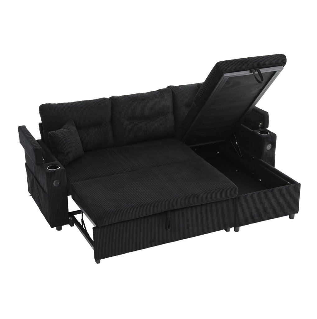 Divano 3 posti in tessuto corduroy nero con chaise longue idraulica; letto estraibile e USB-C