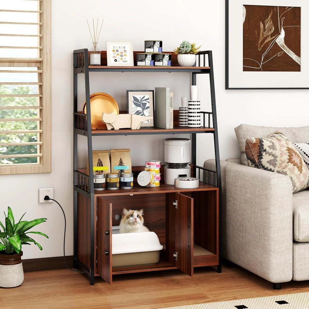 Mobile Lettiera per Gatti 80 x 40 x 132 cm, Credenza Soggiorno con Ripiani di Stoccaggio, Tiragraffi per Gatti, 2 Prese AC e Cuccia, Armadio Salvaspazio per Cuccia e Ingresso (Nocce)