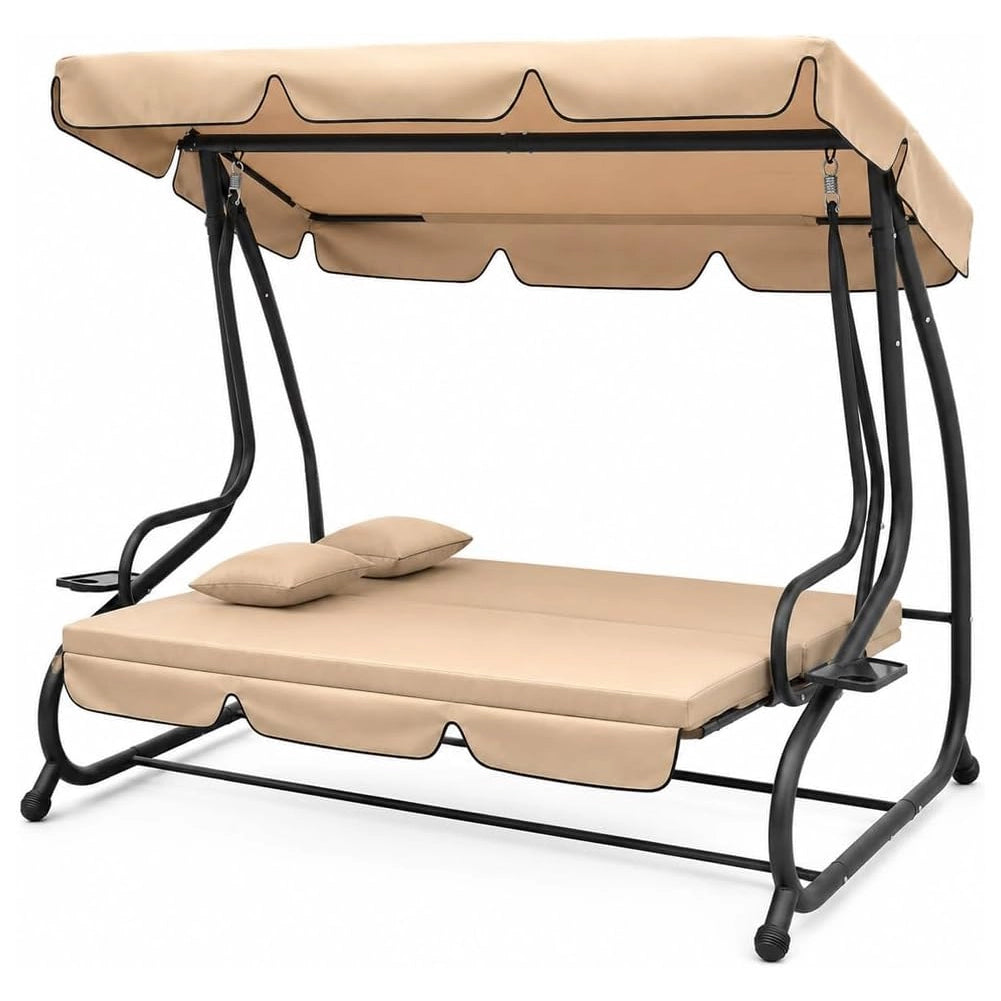 Dondolo Letto da Giardino 3 Posti Tetto Reclinabile Cuscini Beige 200x126x170 cm