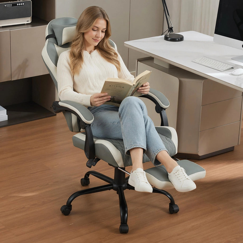 Sedia da ufficio ergonomica girevole con poggiapiedi e schienale reclinabile ruote silenziose in PVC verde polvere