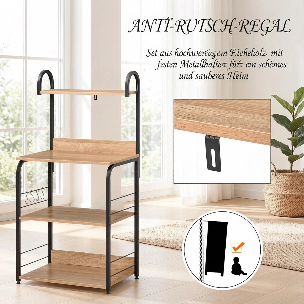 SCAFFALE DA CUCINA 60x40x125 cm Legno naturale e nero con 4 ripiani e 4 ganci
