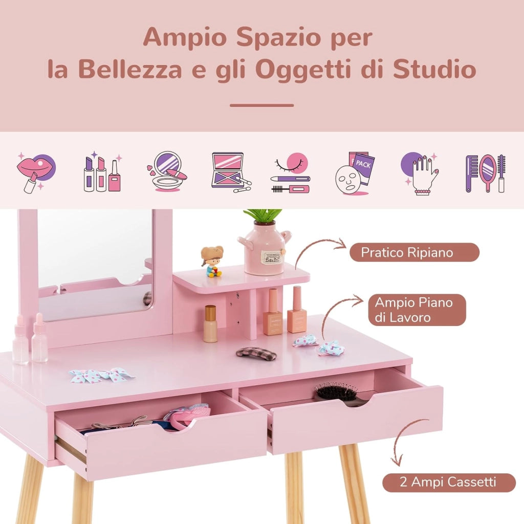 2 in 1 Set Toeletta per Bambini, Postazione Trucco in Legno con Sgabello, Specchio Rettangolare Staccabile e 2 Cassetti Capienti, Ideale per Bambini dai 3 ai 7 Anni, 70 x 37 x 100 cm