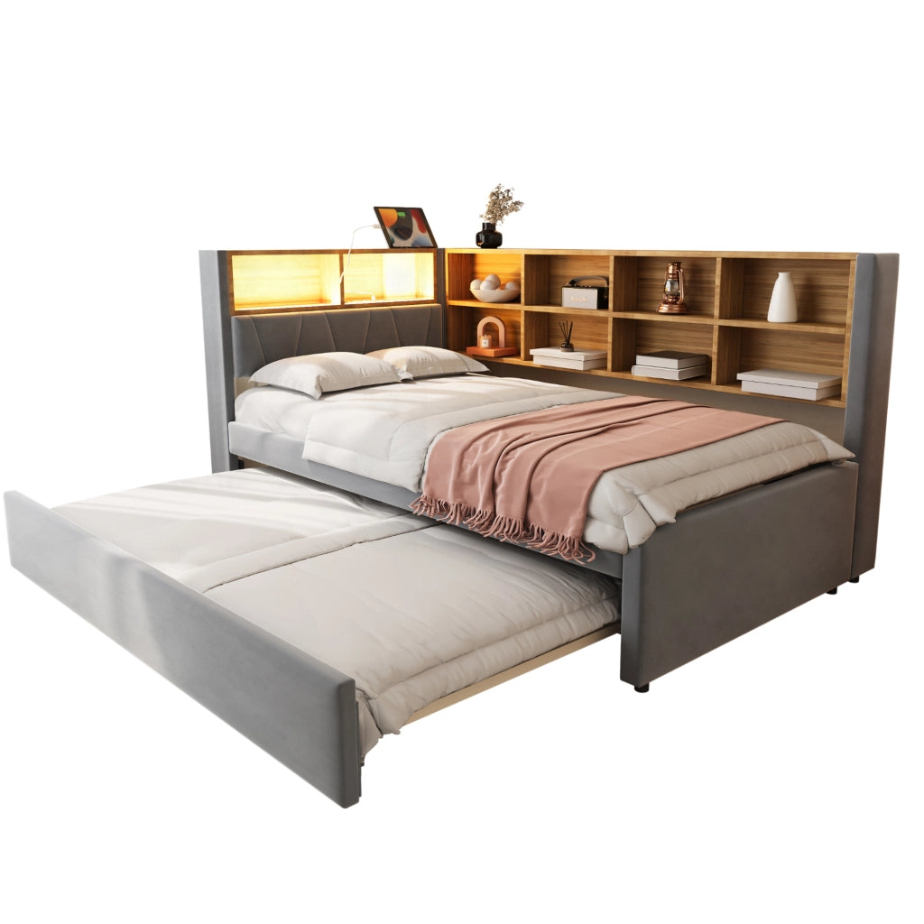 Divano letto multifunzionale 90x200 cm con letto estraibile 90x190 cm, LED, prese, vano contenitore, flanella grigio scuro