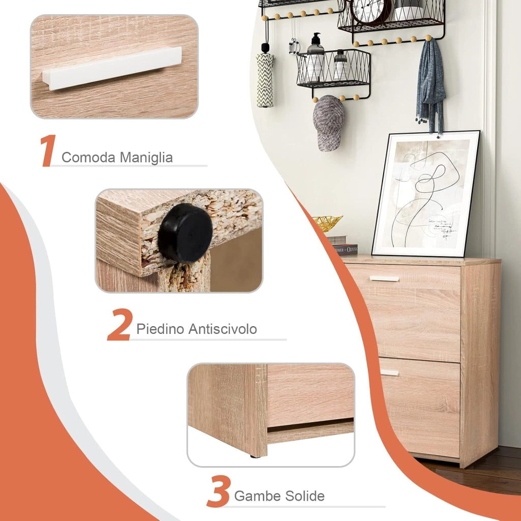 Portascarpe Scarpiera Salvaspazio da Ingresso, Organizer Scarpe con 4 Scomparse, in Legno (quercia)