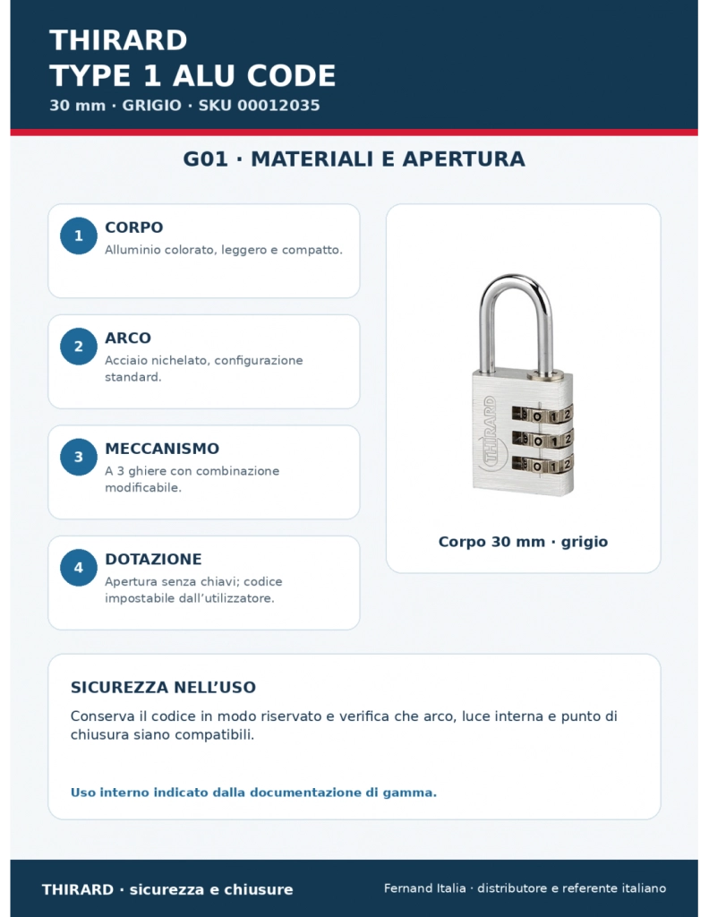 Lucchetto Maxium Code combinazione 3 cifre, 30mm, grigio, arco acciaio nichelato, corpo alluminio colorato - THIRARD
