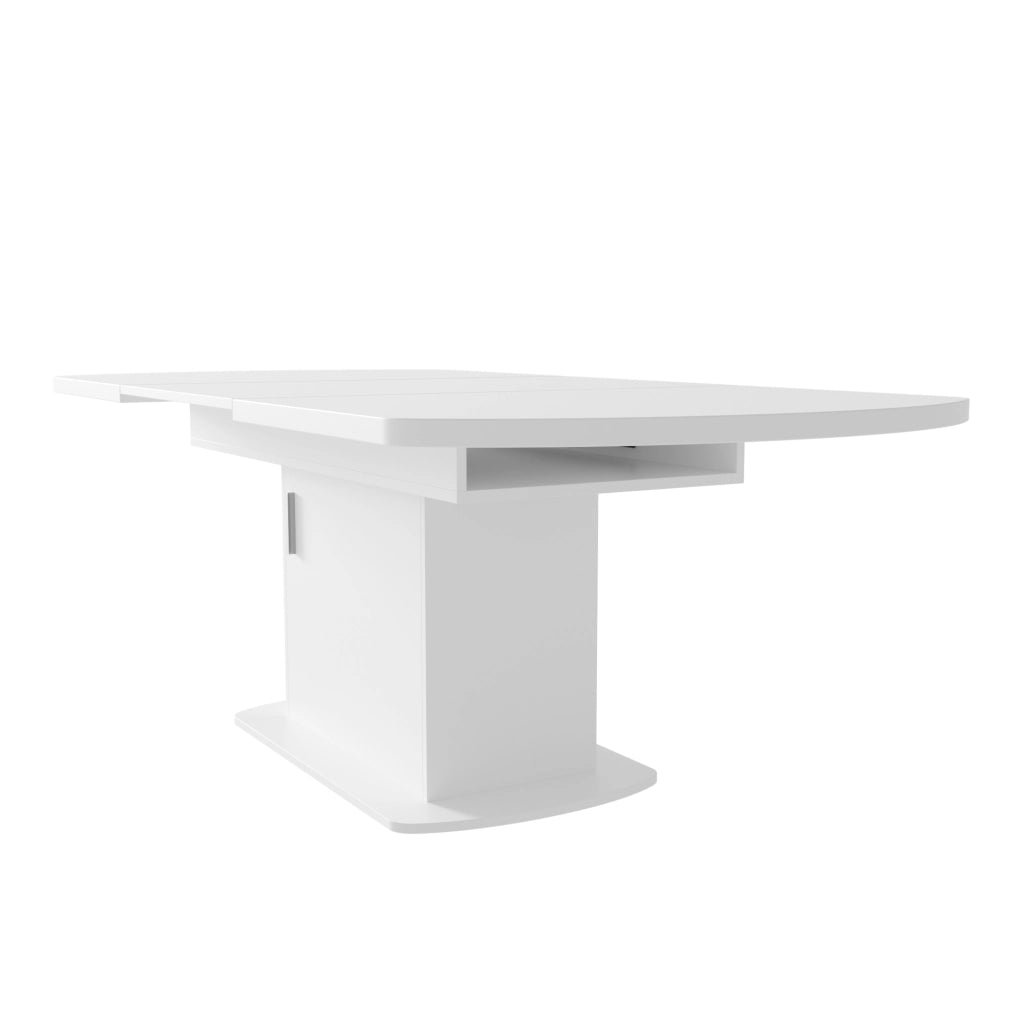 Tavolo da pranzo allungabile ovale con vani contenitore e ante, per sala da pranzo e cucina, in truciolare, bianco