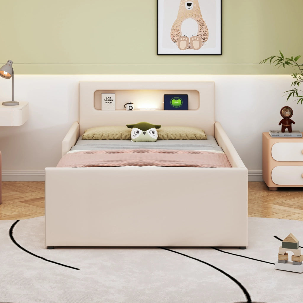 Letto 90x200 cm - Letto imbottito,Con luce notturna,Porta di ricarica USB,Con vani portaoggetti,rosa
