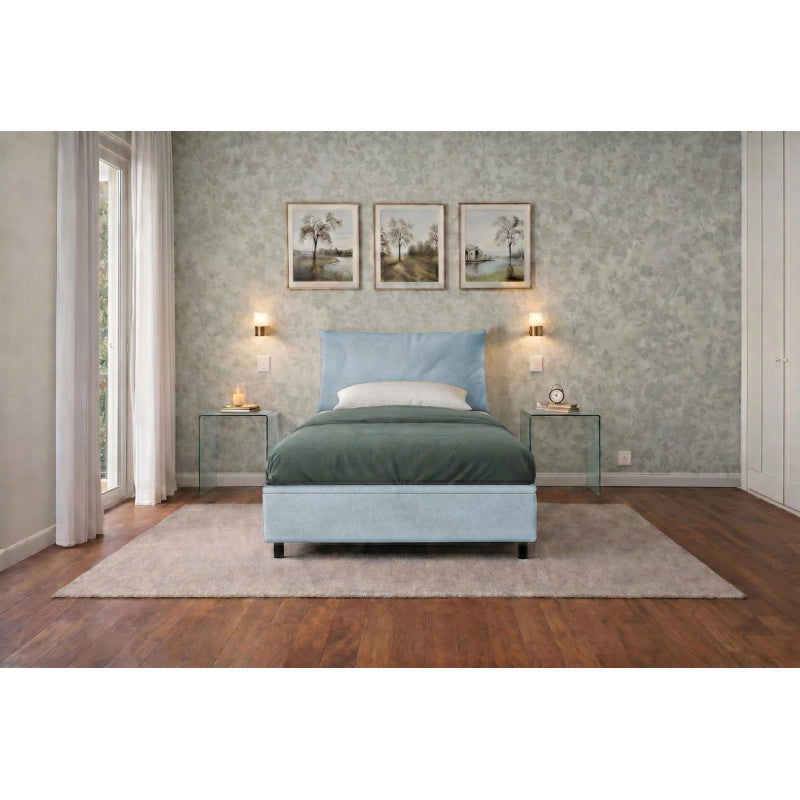 Letto imbottito Singolo 80x190 cm Soft - Contenitore,Microfibra,Azzurro