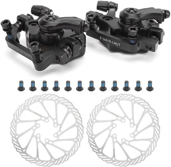 Set di freni a disco universale - Materiale: alluminio - Per freni anteriori e posteriori - Diametro esterno 160 mm - Alta resistenza - Compreso di viti e dischi - Freni set