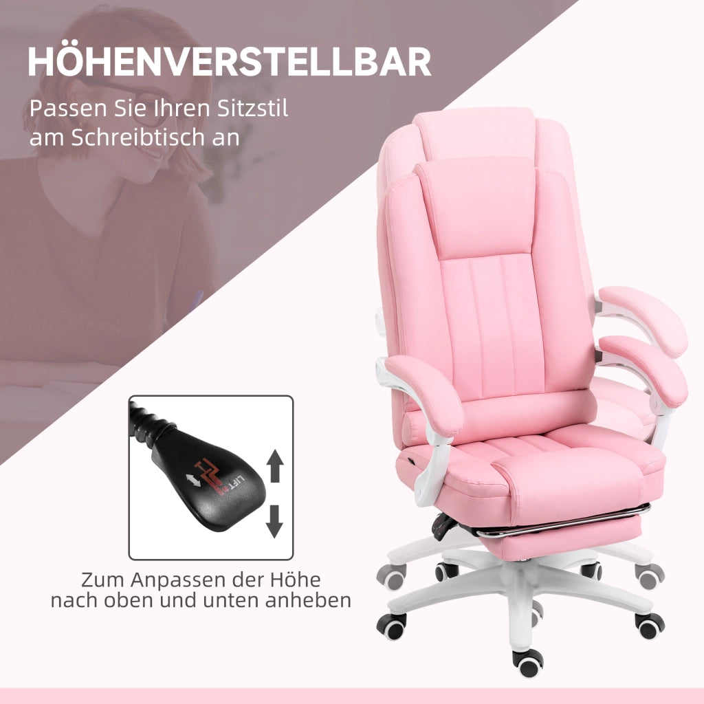 Sedia da ufficio girevole con schienale reclinabile, poggiapiedi e altezza regolabile in similpelle rosa per casa