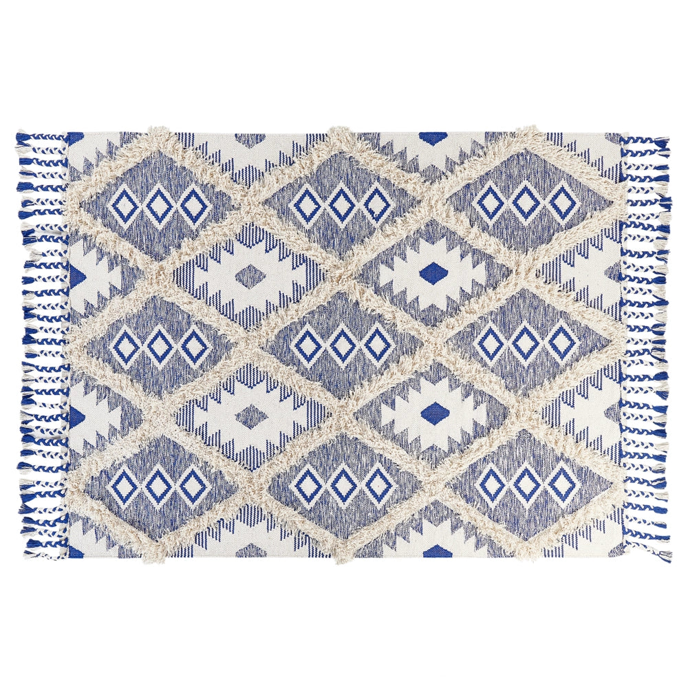 Tappeto in cotone con nappe di colore beige e blu 140 x 200 cm soggiorno camera da letto