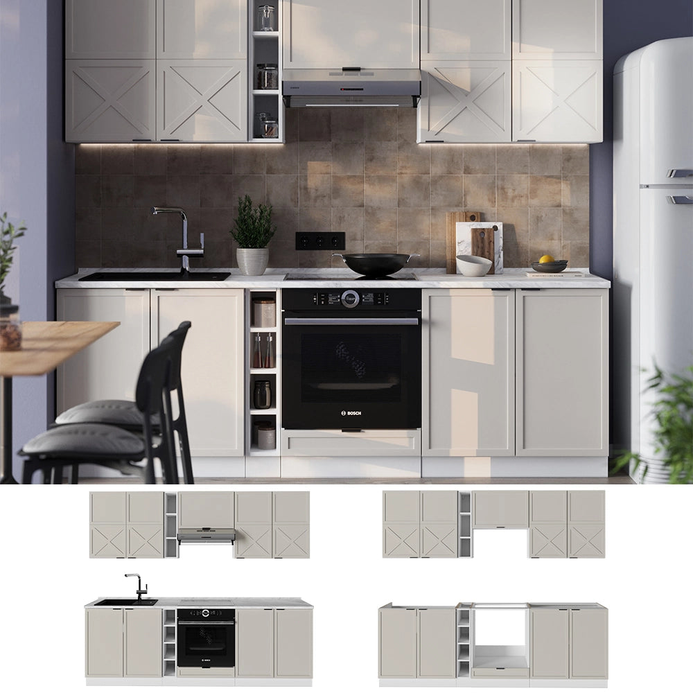Cucina componibile Fame-Line GrigioBeige/Bianco 235 cm, PL Marmo Vicco
