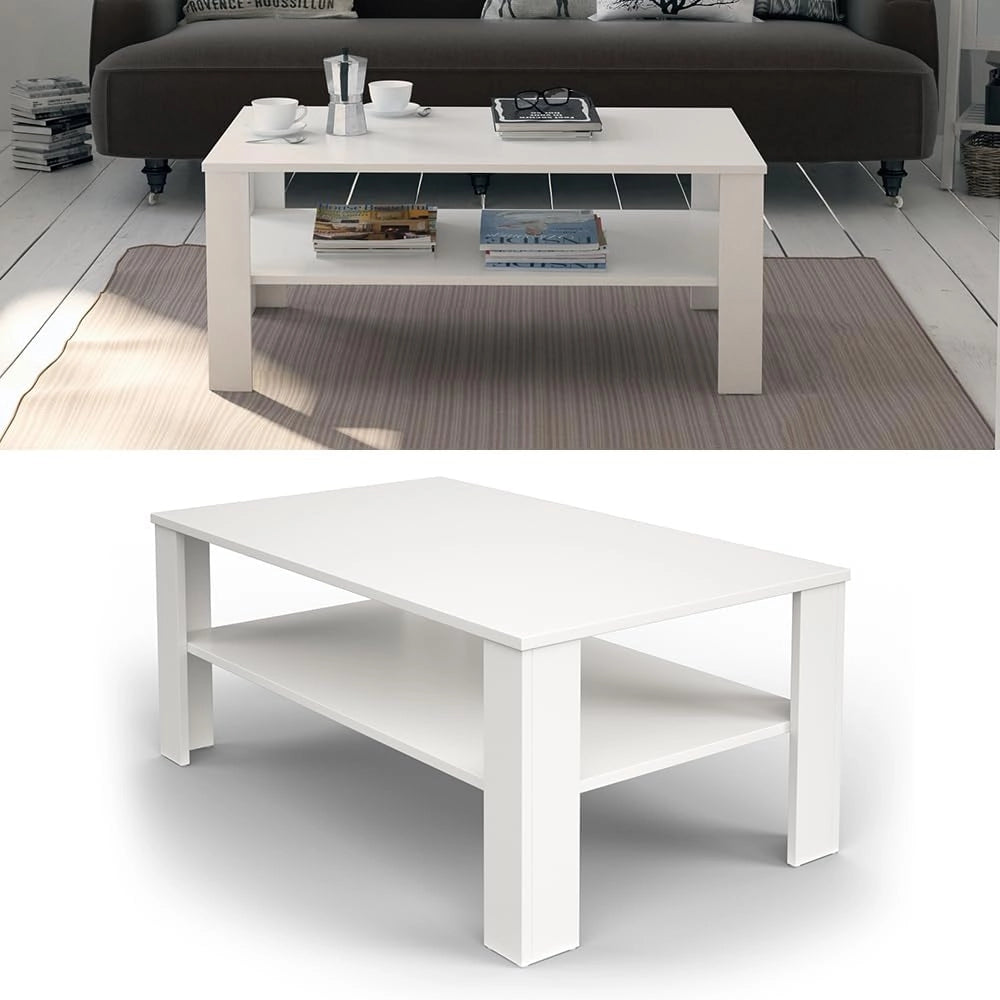 Tavolino da salotto, Bianco, 100 x 60 cm, con vano aperto per la conservazione di riviste