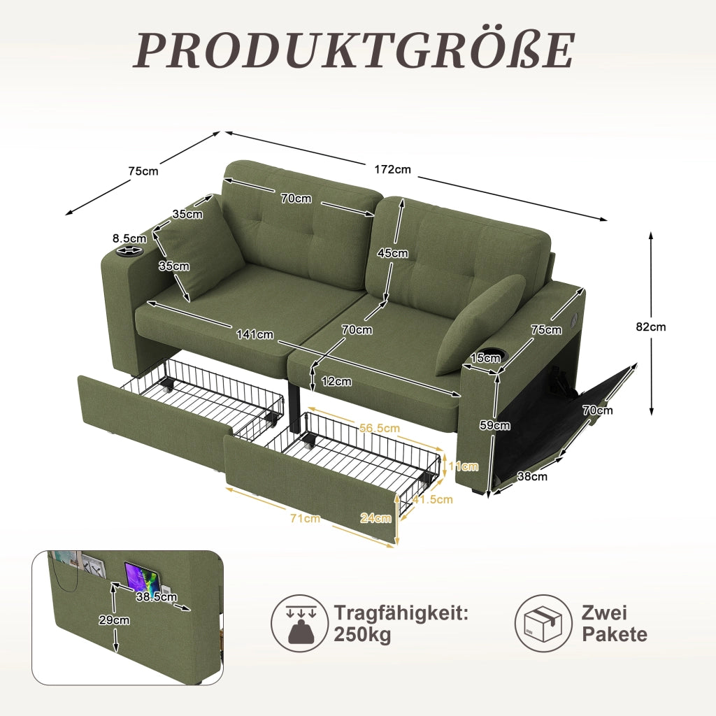 Canapé a due posti con cassetti portaoggetti, porte USB e portabicchieri in chenille oliva 172 × 75 × 82 cm