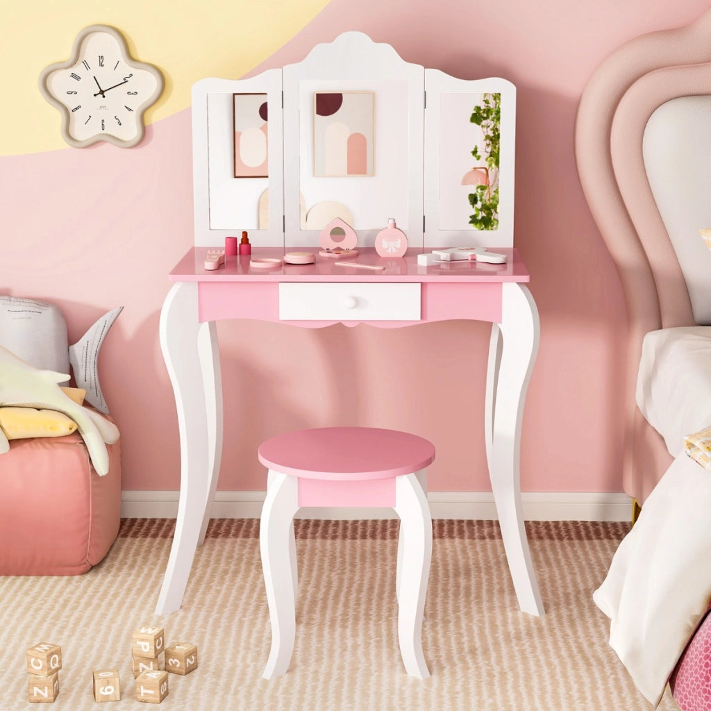 Set toletta da trucco per bambini con specchio in acrilico a 3 pannelli, Tavolo da trucco con sgabello Bianco-Toelette per bimbi