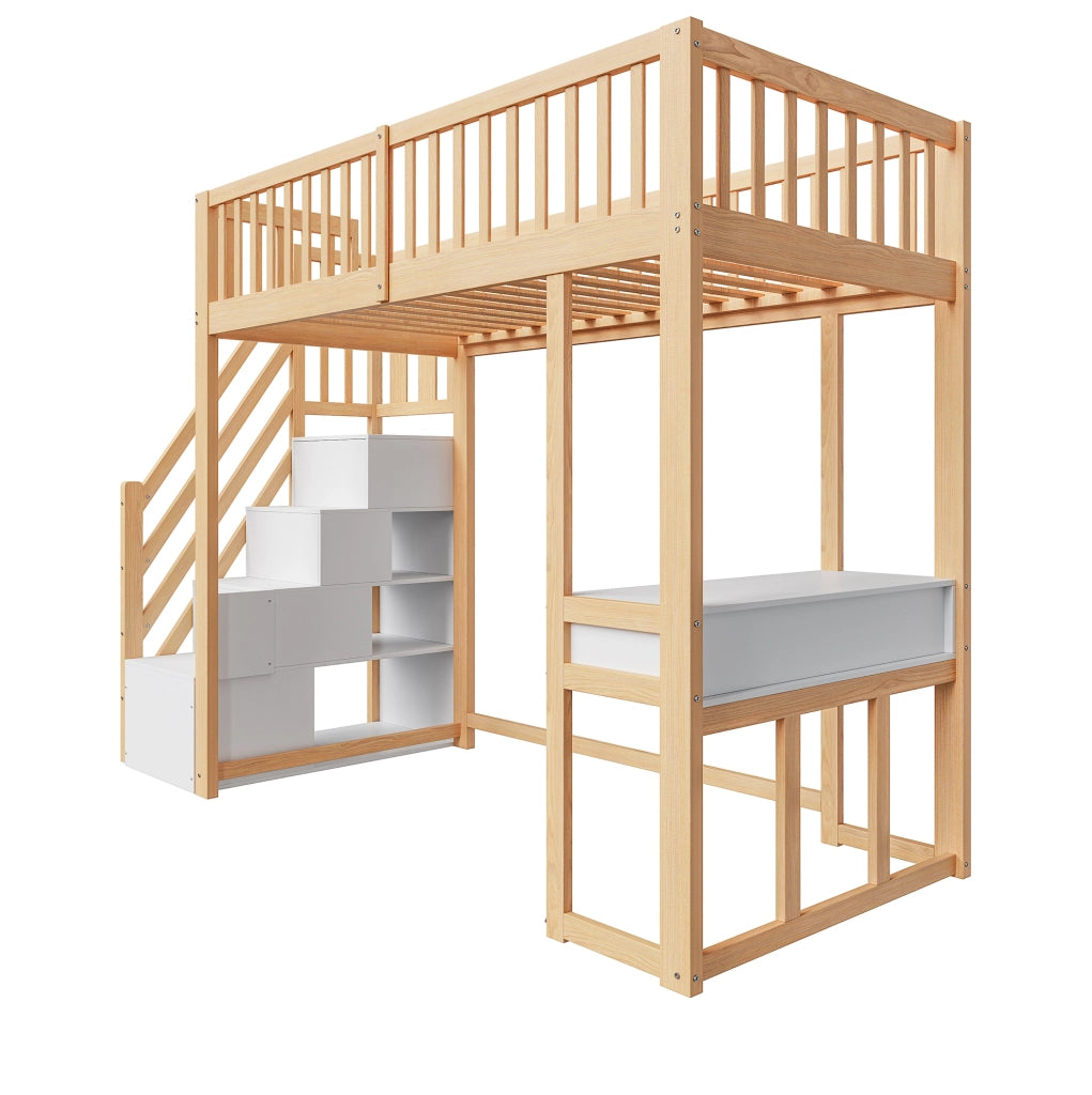 Letto a soppalco 90x200 cm con tavolo multifunzione; scala contenitore; in pino bianco e rovere chiaro