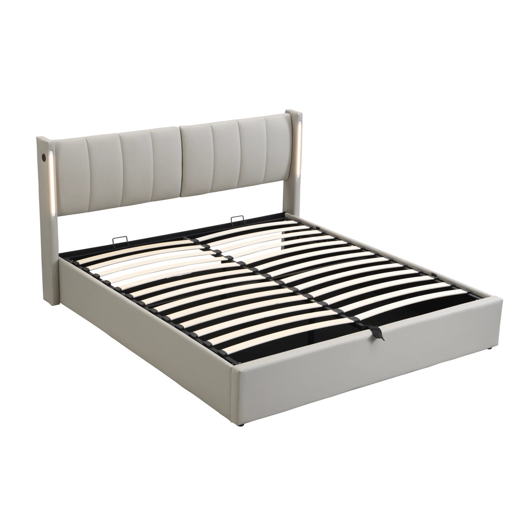 Letto imbottito con LED, USB e contenitore 140 x 190 cm, PU grigio