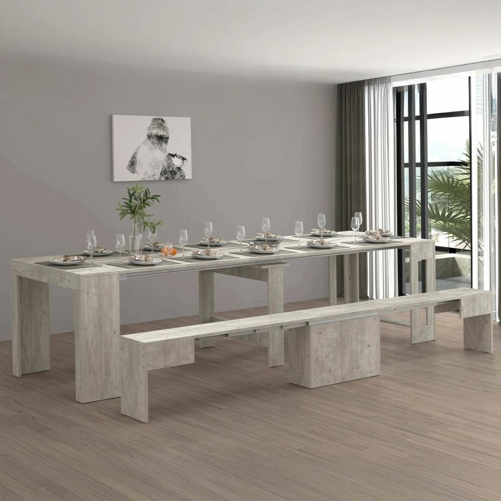 Set tavolo e sedie Badesi, Composizione multiuso, Set con consolle e 1 panca allungabili, 100% Made in Italy, 66x25h45 cm, Cemento