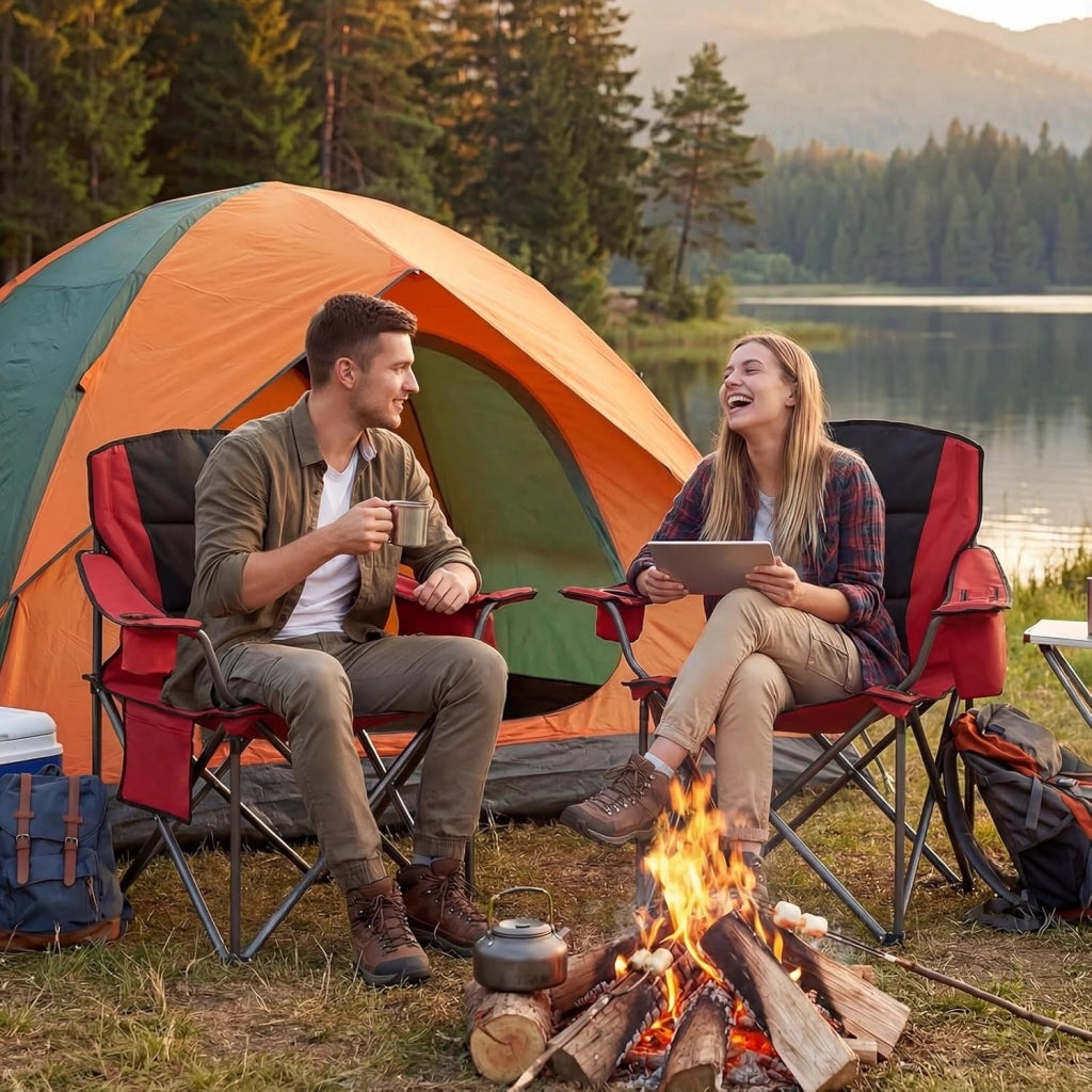 Sedia da Campeggio Pieghevole, Sedia da Esterno con Tasca Refrigerante, Portabicchiere, Tasca Laterale e Borsa, Sedia Portatile per Picnic, Escursioni e Pesca, Portata 150 kg (Rosso)