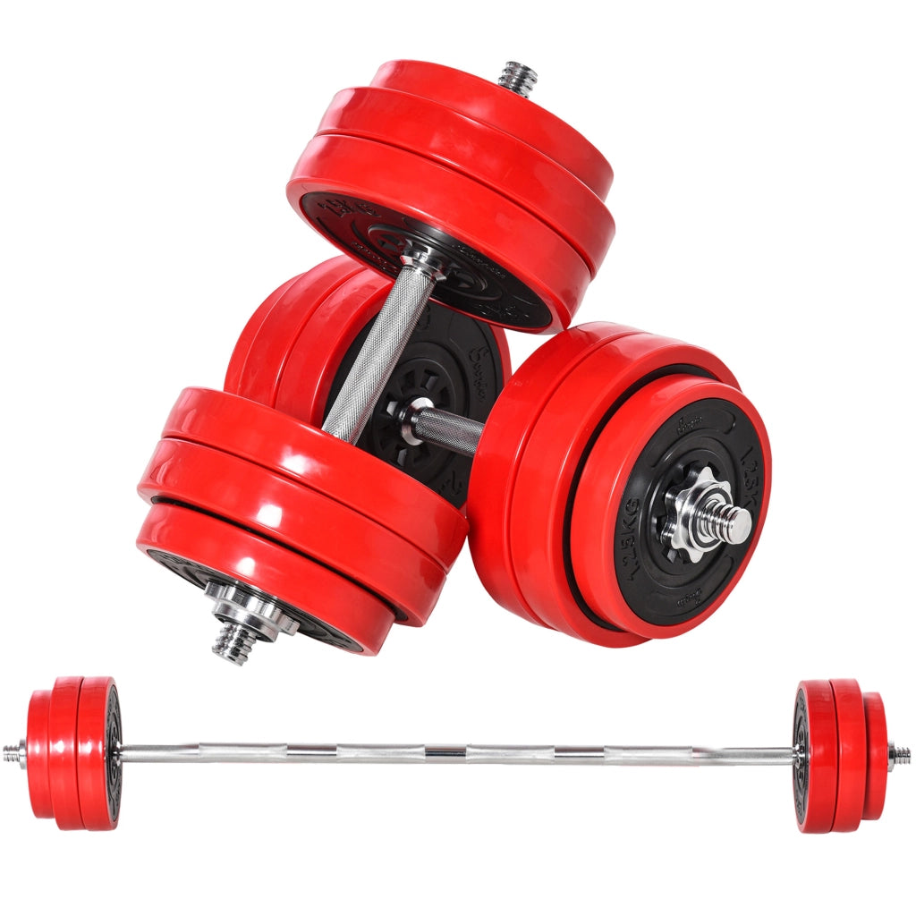 Set di Manubri Pesi 2 in 1 da 30kg, Dischi con Rivestimento in Plastica Antigraffio, Rosso e Nero