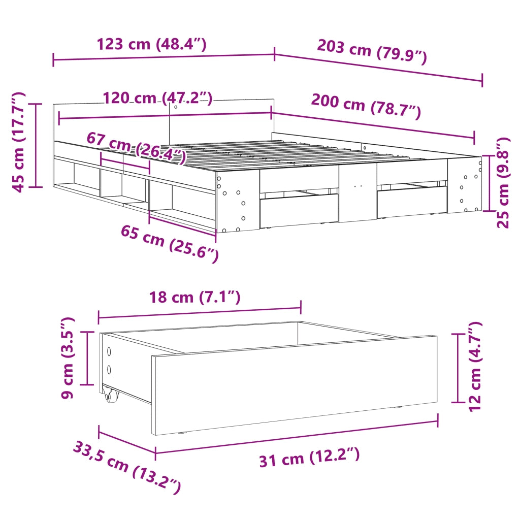 vidaXL Giroletto con Cassetti Bianco 120x200 cm in Legno Multistrato